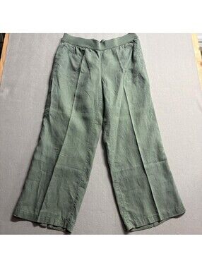 Lands End Linen Pants Womens 18 Green Wide Leg Elastic Waist Pull On Casual